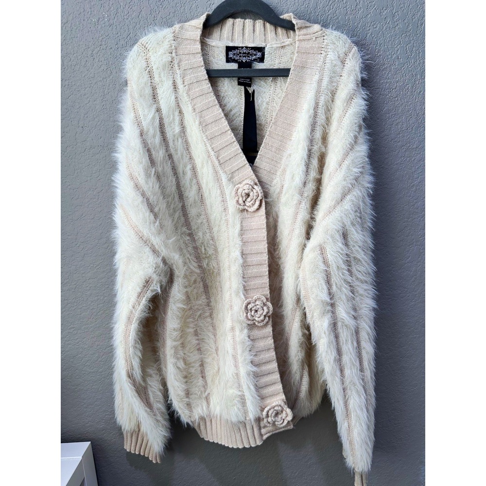 oliver.o Ivory Solid Knit Faux Fur Flower V-Neck Long Sleeve Cardigan Sweater M